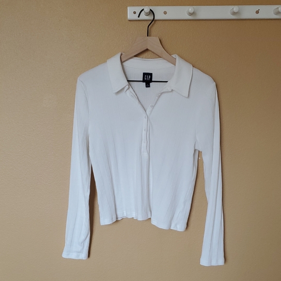 GAP Henley Polo Women's White Ribbed Long Sleeve Top Large White - Picture 3 of 9